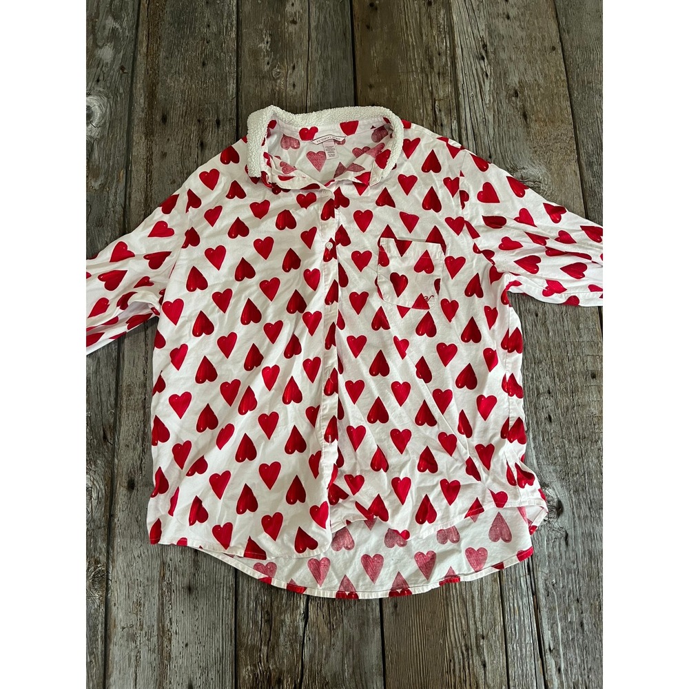 Victorias Secret Pajama Top XL White Red Heart Print Sherpa Collar Sleep Shirt